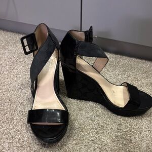 Coach Black Wedge Sandals with Shiny Finish